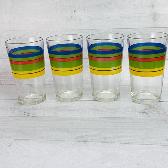 Gibson SALSA STRIPE 12 0z Red Blue Green Yellow Stripe Glass Tumbler Glass Set 4 - Picture 2 of 8